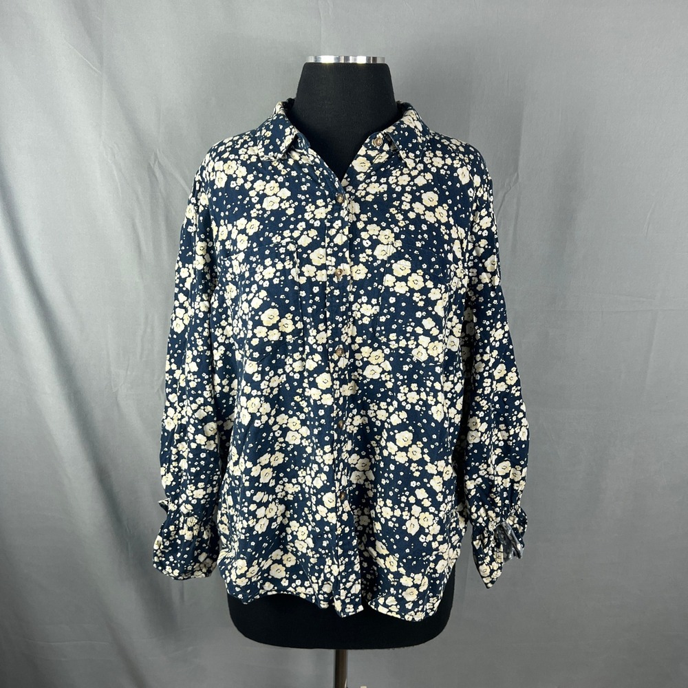 LC Lauren Conrad Shirt Womens Large Blue Floral Print Cotton Button Up Casual